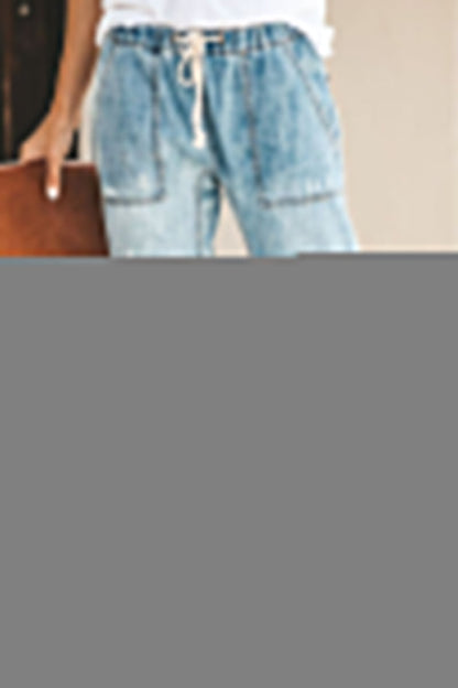 Casual Street Solid Color Ripped Draw String Pocket Denim Jeans(4 Colors)