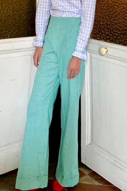 Pantalones casuales de diario con estampado completo, holgados, de cintura alta y rectos, con bolsillos y rayas a cuadros (4 colores)