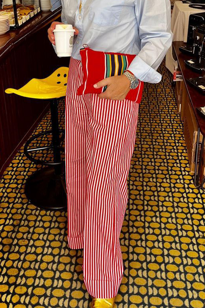 Pantalones casuales de diario con estampado completo, holgados, de cintura alta y rectos, con bolsillos y rayas a cuadros (4 colores)