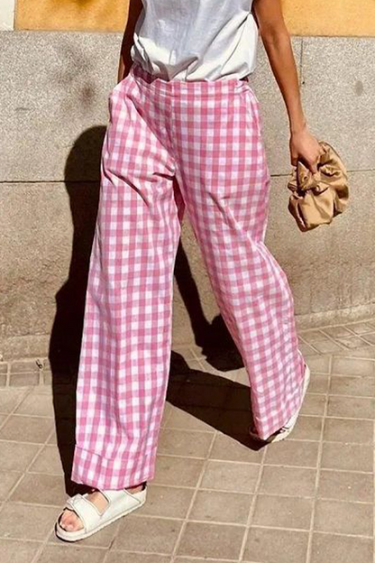 Pantalones casuales de diario con estampado completo, holgados, de cintura alta y rectos, con bolsillos y rayas a cuadros (4 colores)