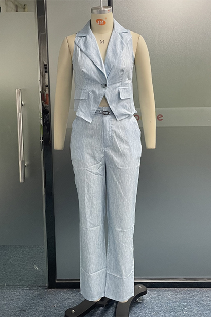 Conjunto informal de dos piezas, sin mangas, con cuello vuelto, botones y color liso para uso diario (3 colores)