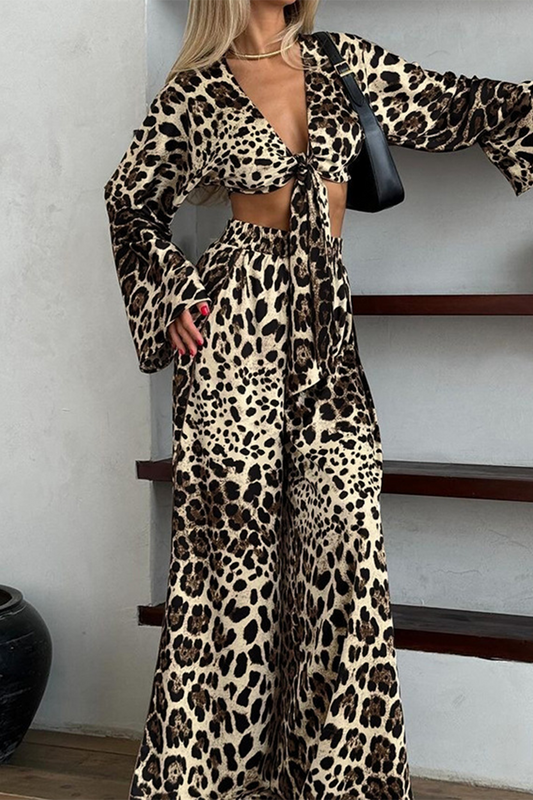 Conjunto de dos piezas con cuello en V, manga larga y estampado de leopardo sexy de calle