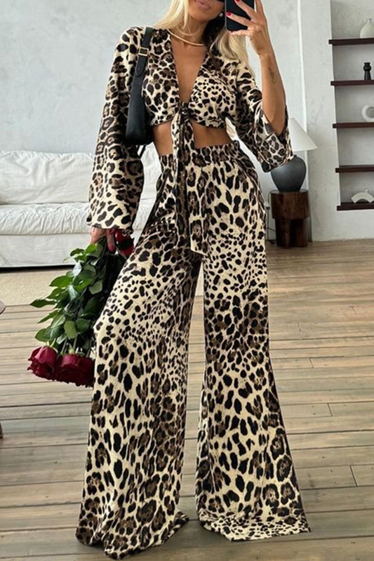 Conjunto de dos piezas con cuello en V, manga larga y estampado de leopardo sexy de calle