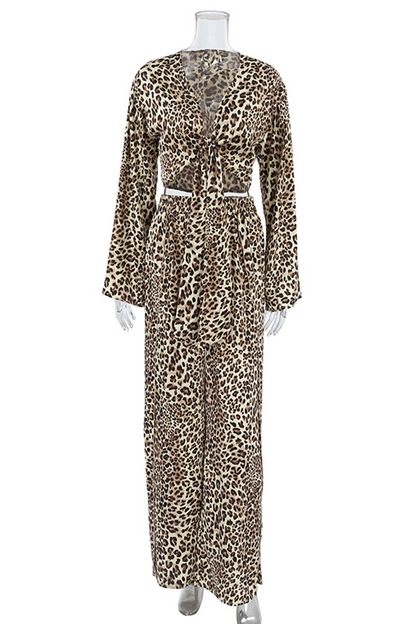 Conjunto de dos piezas con cuello en V, manga larga y estampado de leopardo sexy de calle