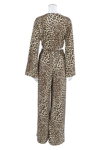 Conjunto de dos piezas con cuello en V, manga larga y estampado de leopardo sexy de calle