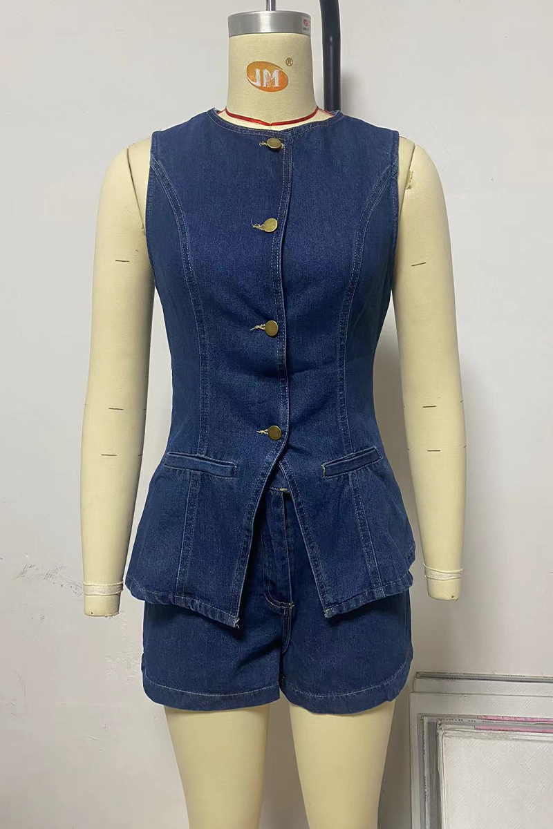 Conjunto informal de dos piezas con botones, cuello redondo, sin mangas, color liso, para uso diario (4 colores)