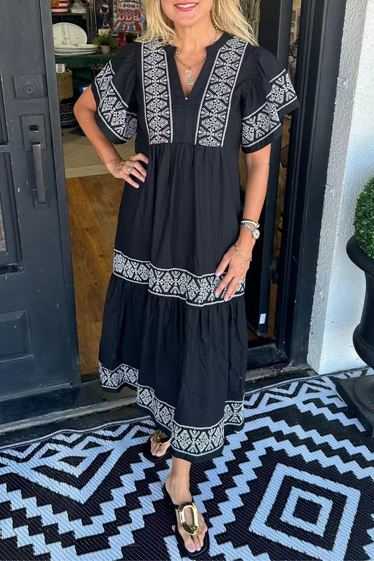 Vestido informal de manga corta con cuello en V y estampado geométrico de patchwork (7 colores)