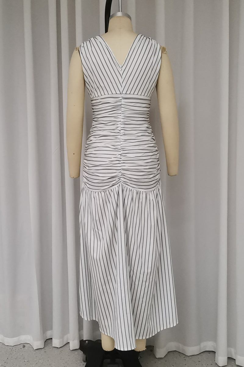 Casual Striped Print Lace Up Ruched V Neck Waist Skirt Dresses