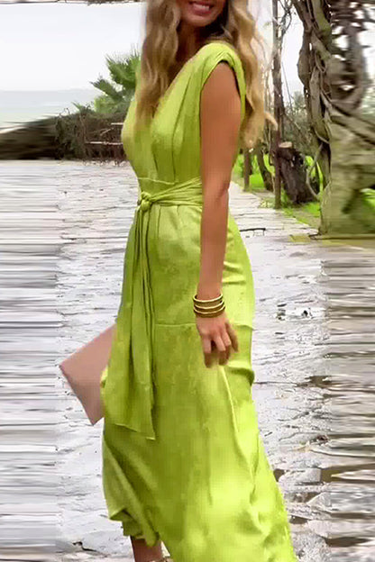 Sexy Solid Color Lace Up Slit V Neck Waist Skirt Dresses