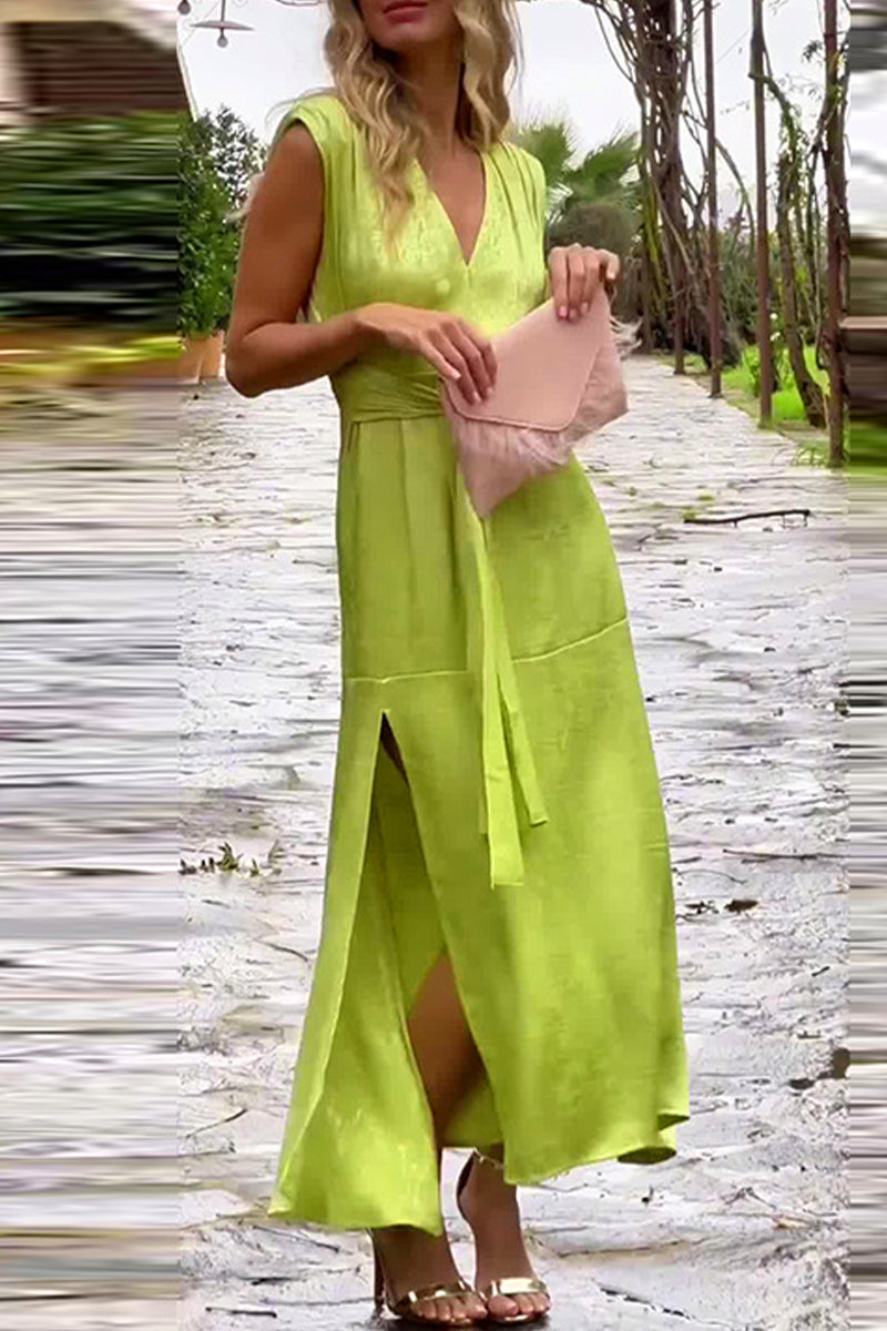 Sexy Solid Color Lace Up Slit V Neck Waist Skirt Dresses