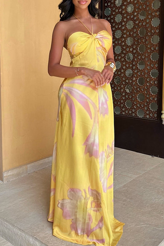 Sexy Floral Print Backless Belted Halter Long Dresses