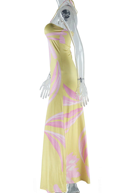 Sexy Floral Print Backless Belted Halter Long Dresses