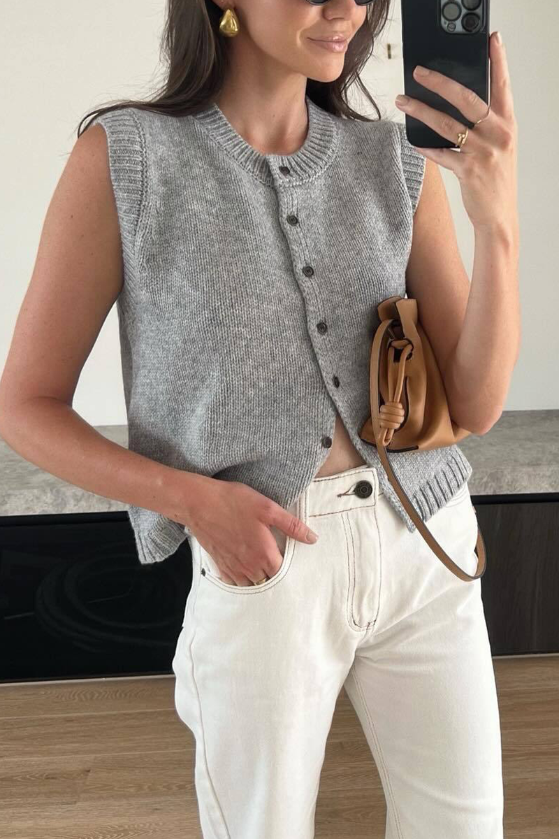 Tops casuales de calle con cuello redondo y hebilla de color liso (4 colores)