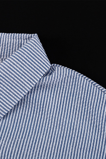 Conjunto de dos piezas informal de manga larga con cuello vuelto, bolsillos y contraste con estampado de rayas