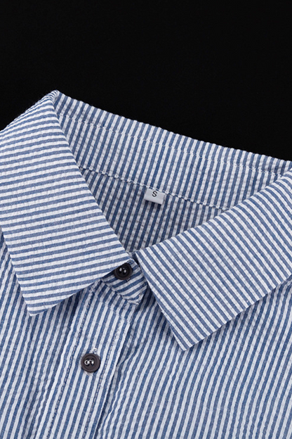 Conjunto de dos piezas informal de manga larga con cuello vuelto, bolsillos y contraste con estampado de rayas