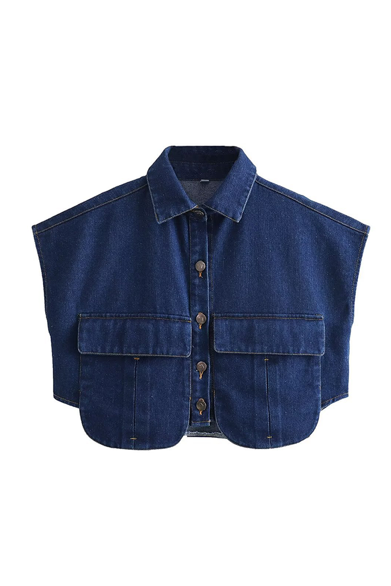 Chaqueta vaquera informal de calle, de color liso, con hebilla y retazos, cuello vuelto irregular, sin mangas