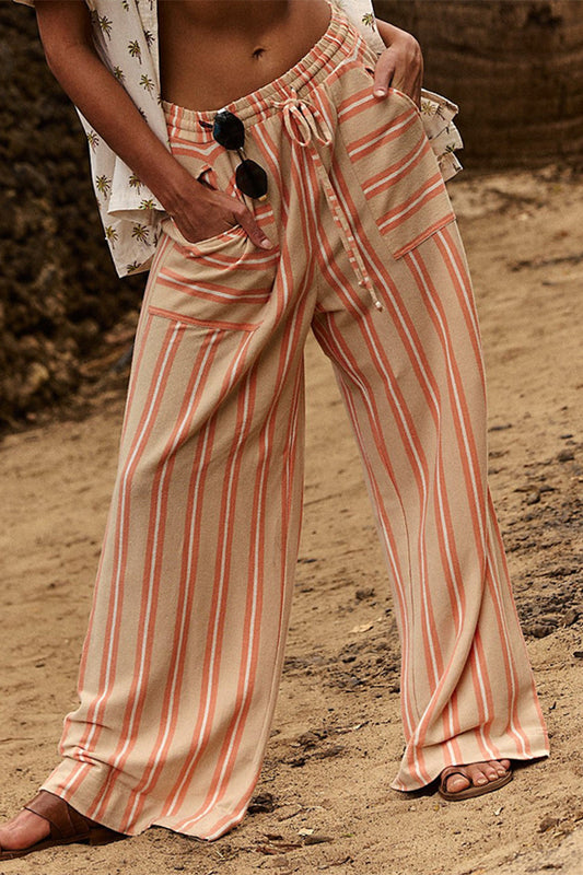 Pantalones casuales de diario con estampado de rayas, bolsillos, cordones, sueltos y rectos, con estampado completo (5 colores)