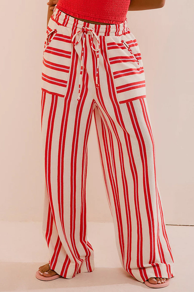 Pantalones casuales de diario con estampado de rayas, bolsillos, cordones, sueltos y rectos, con estampado completo (5 colores)