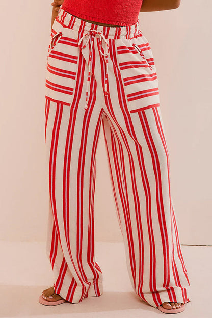 Pantalones casuales de diario con estampado de rayas, bolsillos, cordones, sueltos y rectos, con estampado completo (5 colores)