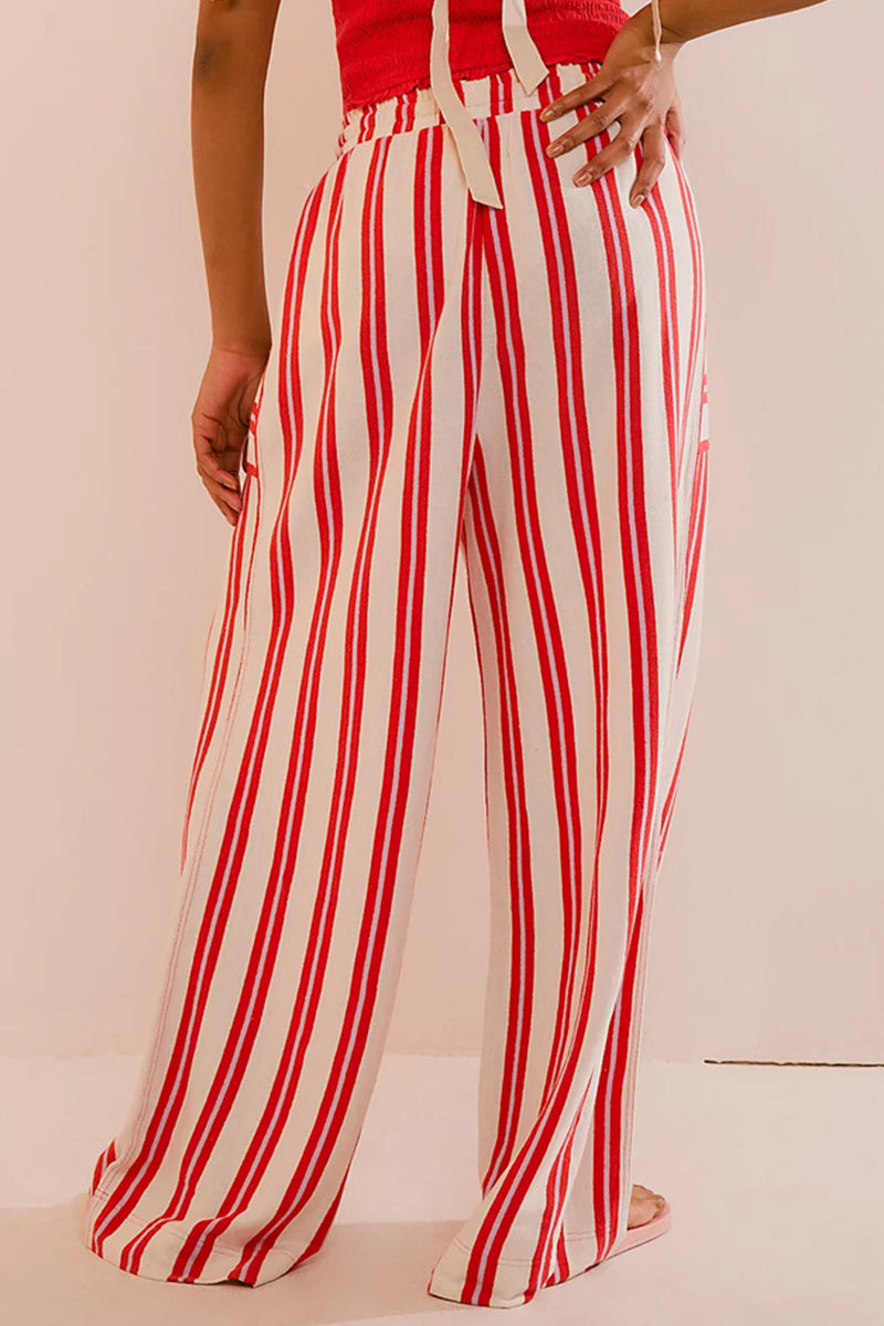 Pantalones casuales de diario con estampado de rayas, bolsillos, cordones, sueltos y rectos, con estampado completo (5 colores)