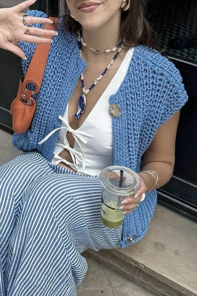 Casual Daily Solid Color Pocket Buttons Weave O Neck Sweaters (3 Colors)