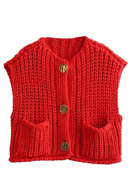 Casual Daily Solid Color Pocket Buttons Weave O Neck Sweaters (3 Colors)