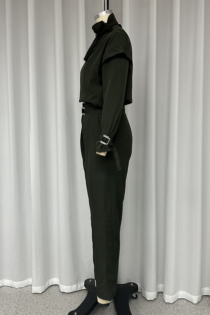 Conjunto informal de dos piezas con cuello alto, manga larga y bolsillos en color liso para calle