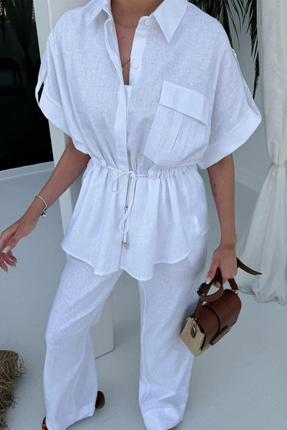 Conjunto informal de dos piezas de manga corta con cuello vuelto, bolsillo con cordón y color liso para uso diario (3 colores)