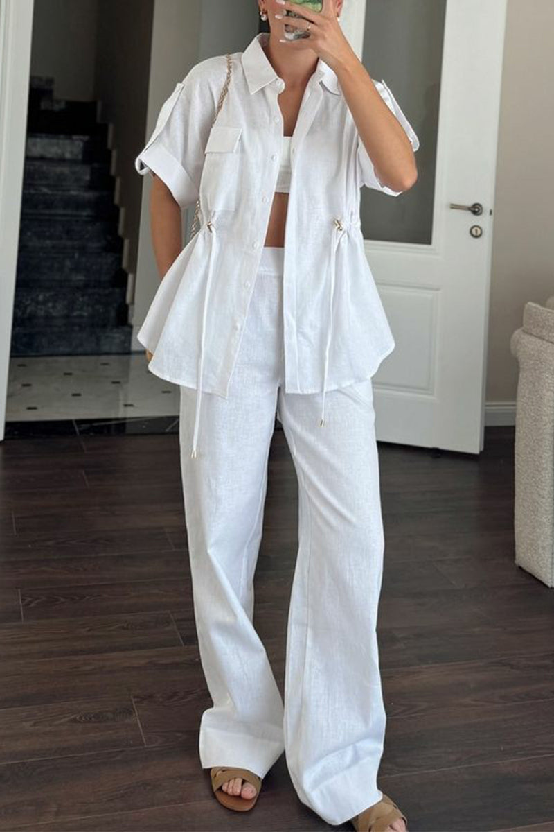 Conjunto informal de dos piezas de manga corta con cuello vuelto, bolsillo con cordón y color liso para uso diario (3 colores)