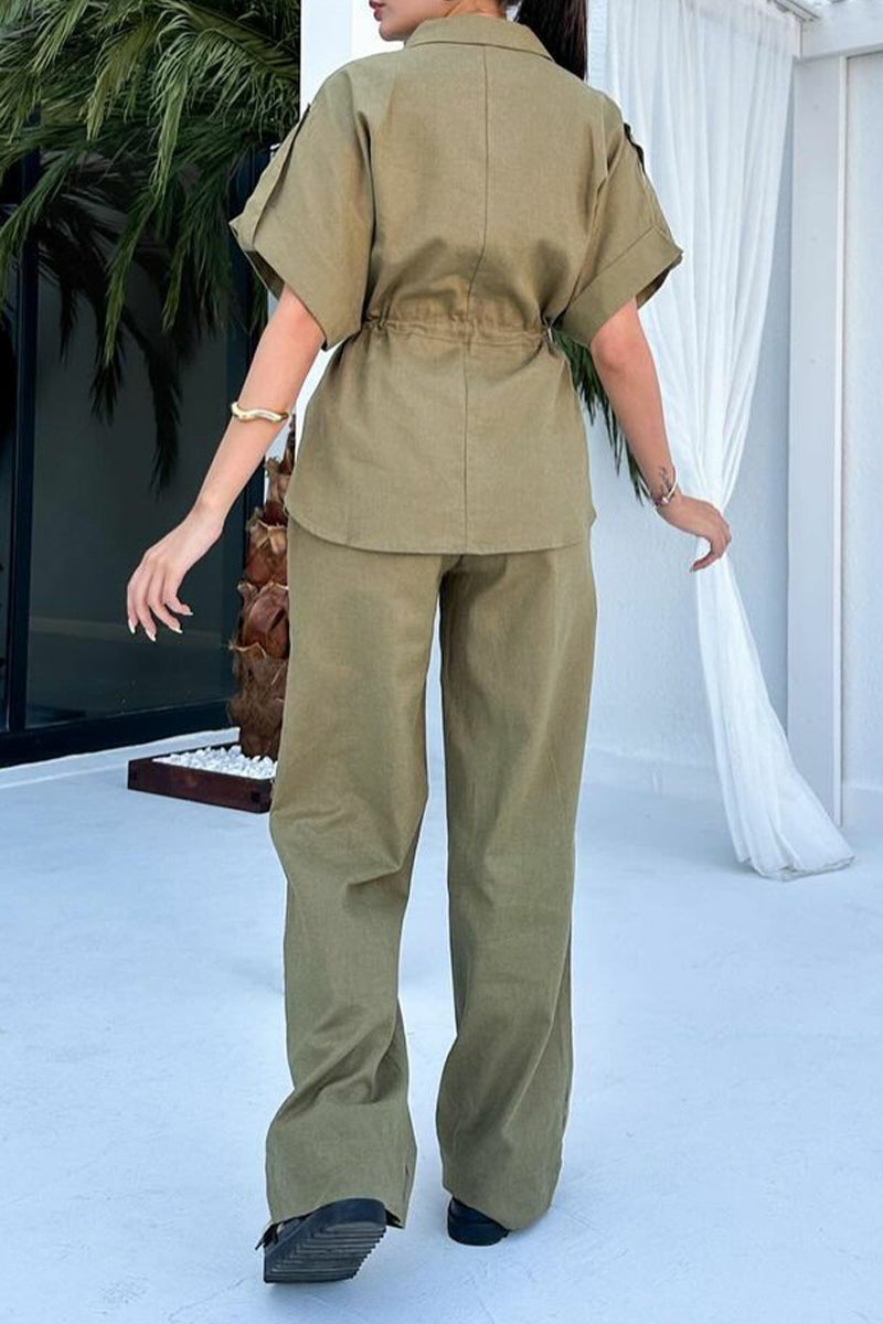 Conjunto informal de dos piezas de manga corta con cuello vuelto, bolsillo con cordón y color liso para uso diario (3 colores)