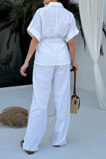 Conjunto informal de dos piezas de manga corta con cuello vuelto, bolsillo con cordón y color liso para uso diario (3 colores)