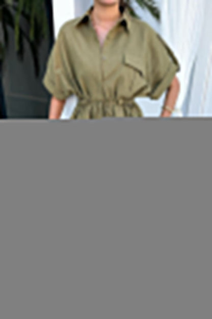 Casual Daily Solid Color Draw String Pocket Turndown Collar Short Sleeve Two Pieces(3 Colors)