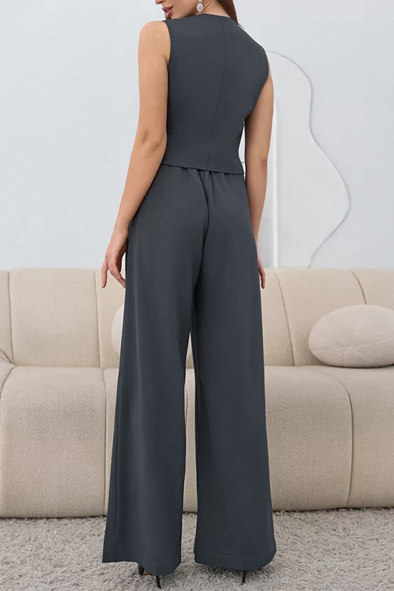 Conjunto informal de dos piezas con escote en V fruncido, sin mangas, color sólido y hebilla para uso diario