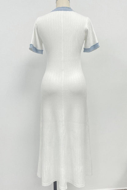 Elegant Solid Color Buttons Patchwork O Neck A Line Dresses