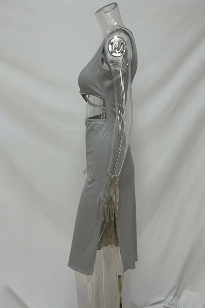 Casual Solid Color Hollow Out U Neck Wrapped Skirt Dresses(4 Colors)