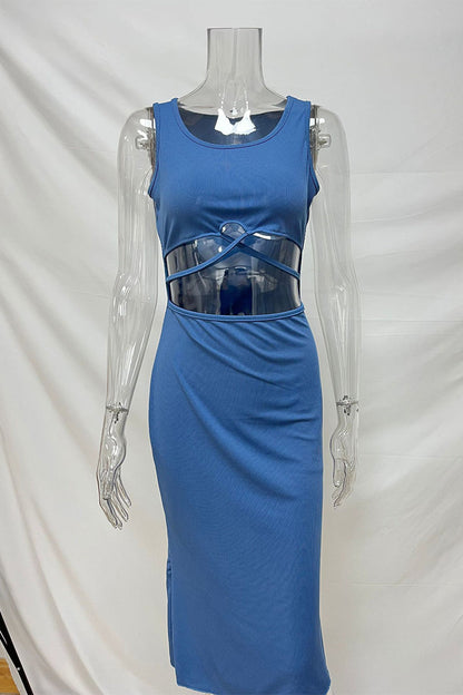 Casual Solid Color Hollow Out U Neck Wrapped Skirt Dresses(4 Colors)