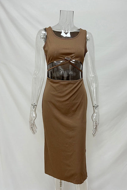 Casual Solid Color Hollow Out U Neck Wrapped Skirt Dresses(4 Colors)