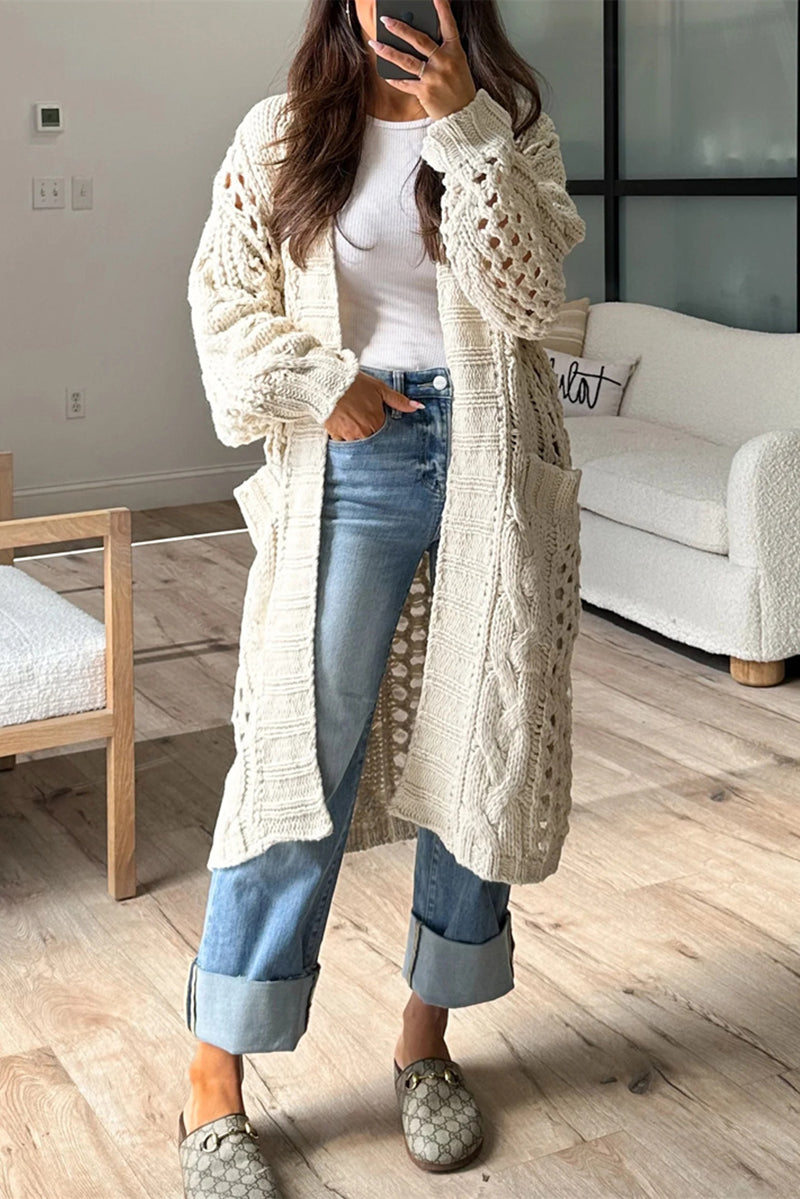 Cárdigan informal de uso diario con cuello tipo cárdigan de color liso con bolsillos calados