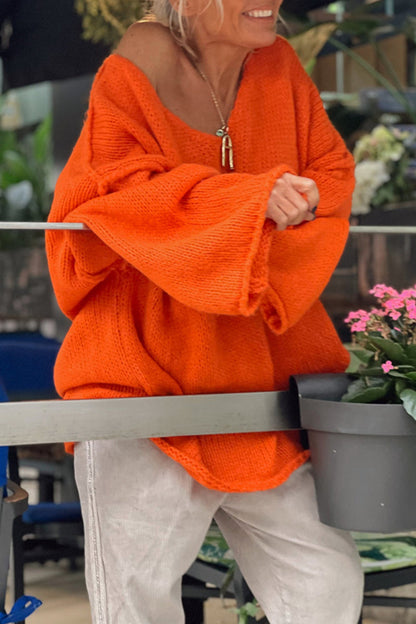 Suéteres casuales de cuello en V con tejido de color sólido