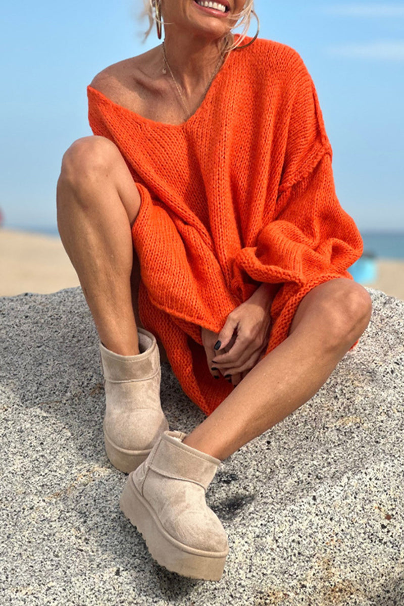 Suéteres casuales de cuello en V con tejido de color sólido