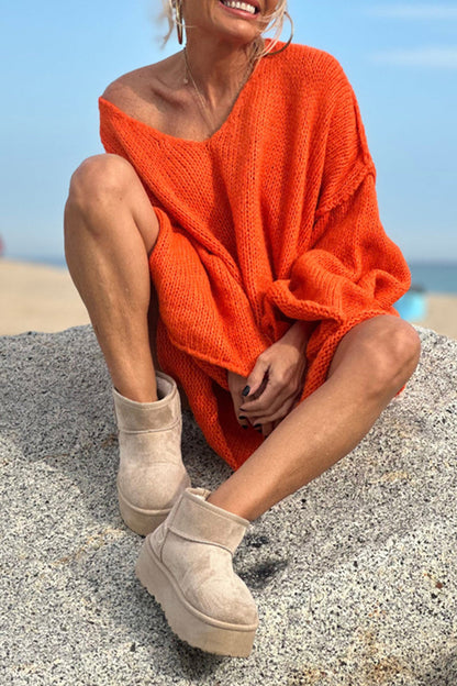 Suéteres casuales de cuello en V con tejido de color sólido