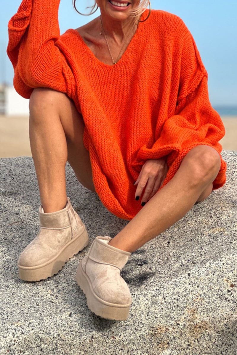 Suéteres casuales de cuello en V con tejido de color sólido