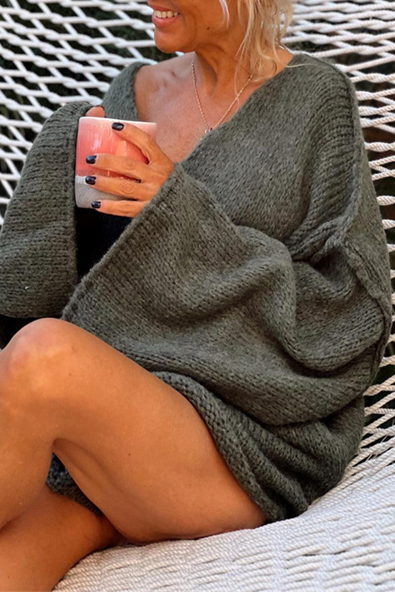Suéteres casuales de cuello en V con tejido de color sólido