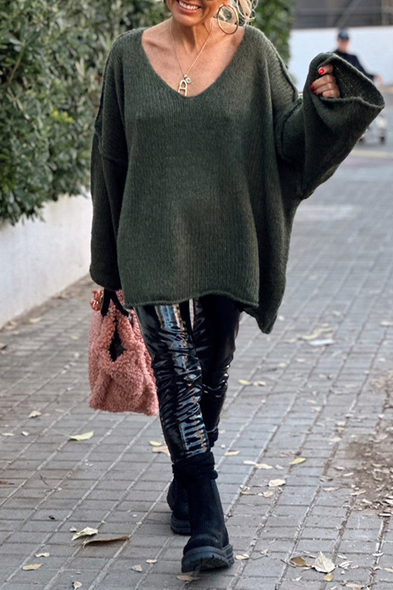 Suéteres casuales de cuello en V con tejido de color sólido