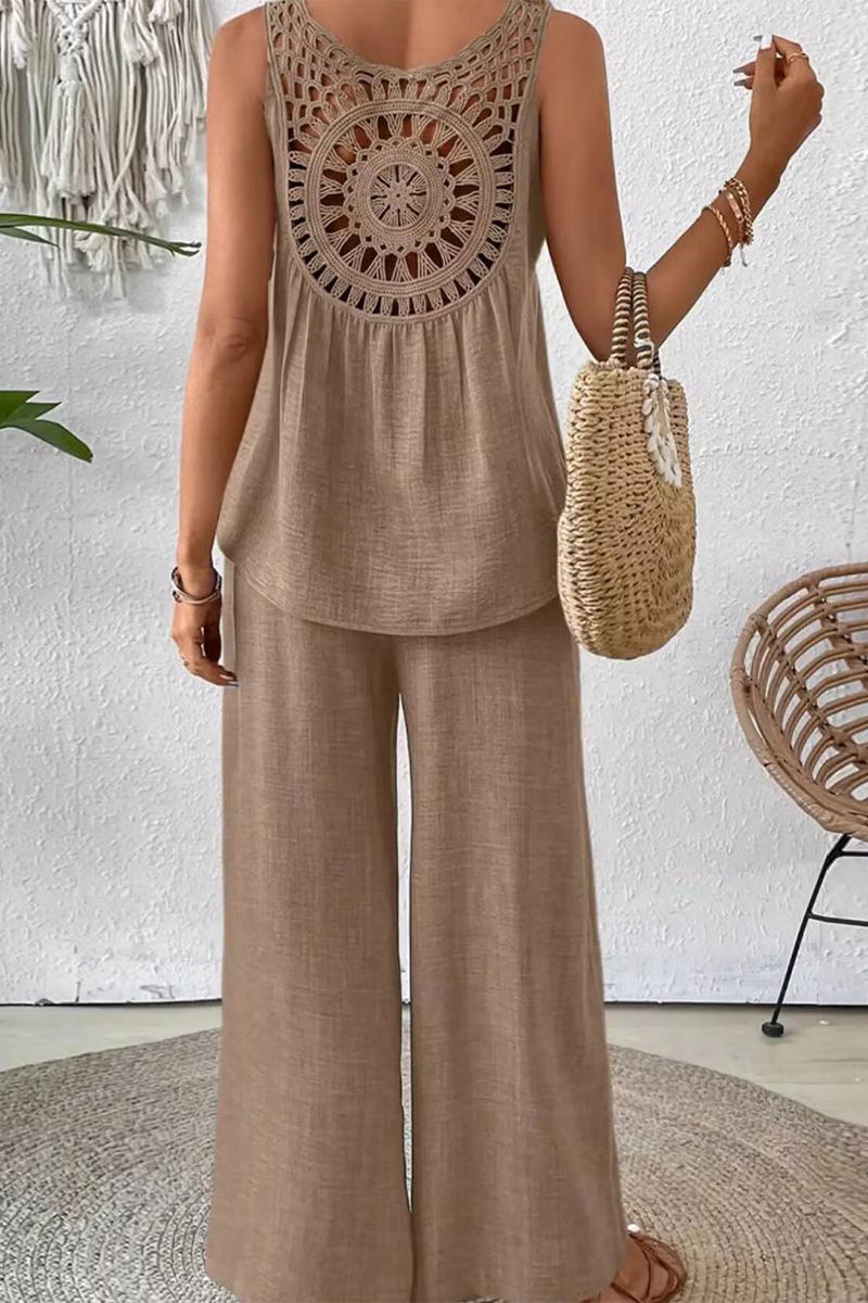 Conjunto informal de dos piezas con cuello redondo, sin mangas, de color liso y encaje calado (6 colores)