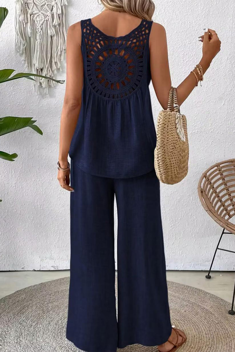 Conjunto informal de dos piezas con cuello redondo, sin mangas, de color liso y encaje calado (6 colores)