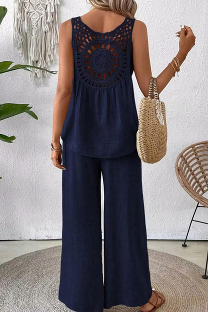Conjunto informal de dos piezas con cuello redondo, sin mangas, de color liso y encaje calado (6 colores)