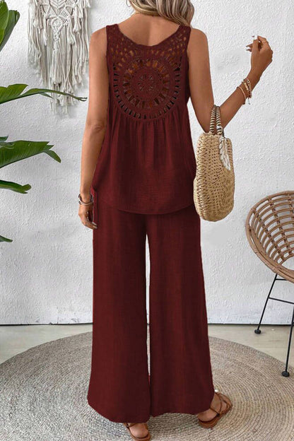 Conjunto informal de dos piezas con cuello redondo, sin mangas, de color liso y encaje calado (6 colores)