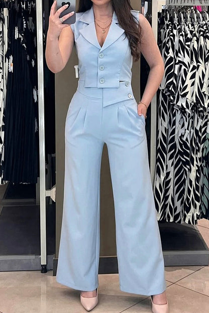 Conjunto informal de dos piezas con botones, cuello vuelto irregular, sin mangas, color sólido, para uso diario