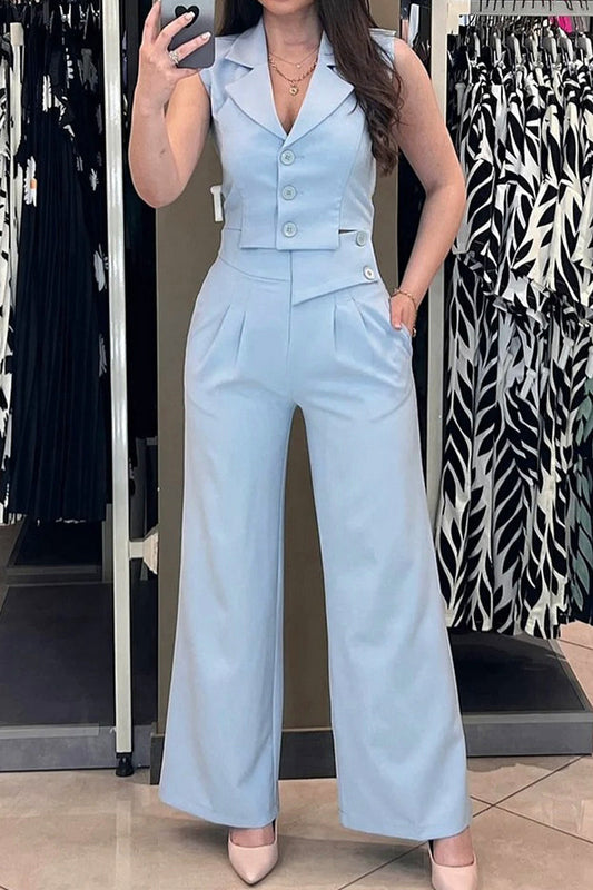 Conjunto informal de dos piezas con botones, cuello vuelto irregular, sin mangas, color sólido, para uso diario